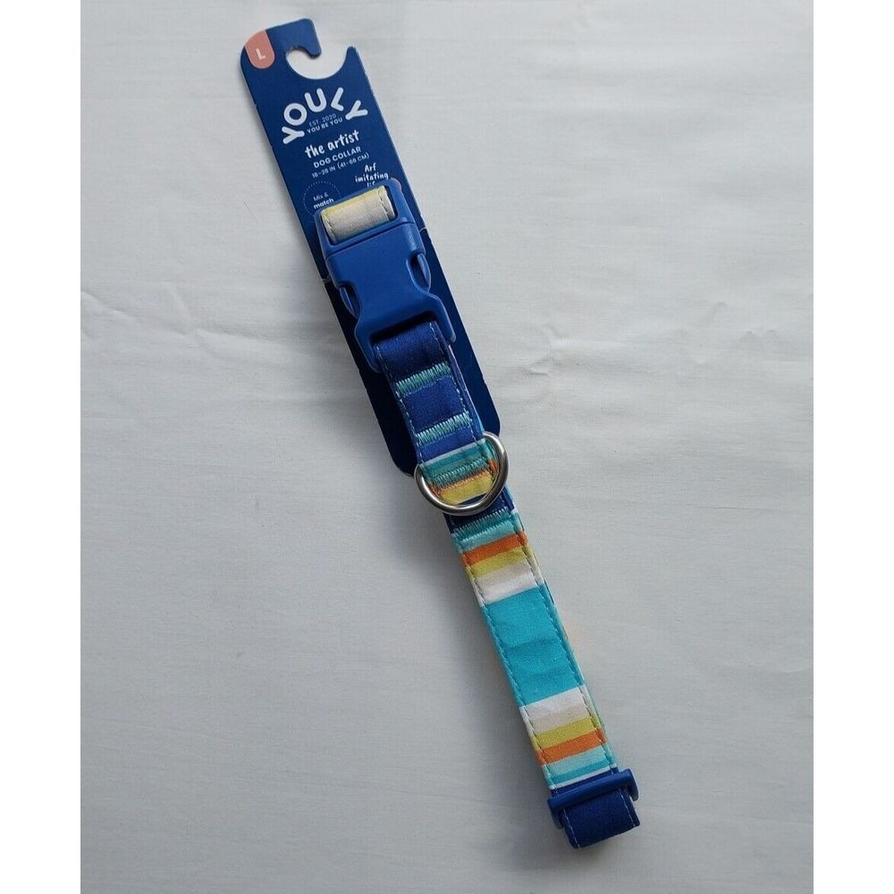 Youly The Artist Dog Collar Blue Orange Stripe Large Beachy NWT Adjustable